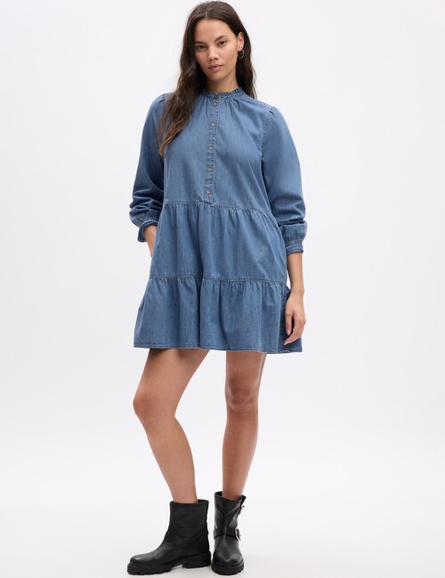 Tiered Denim Mini Shirtdress