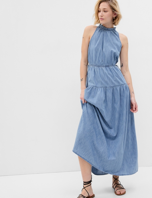 100% Organic Cotton High Neck Denim Maxi Dress