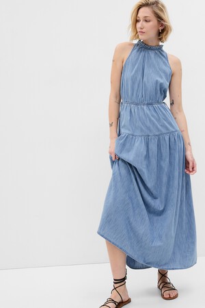 100% Organic Cotton High Neck Denim Maxi Dress