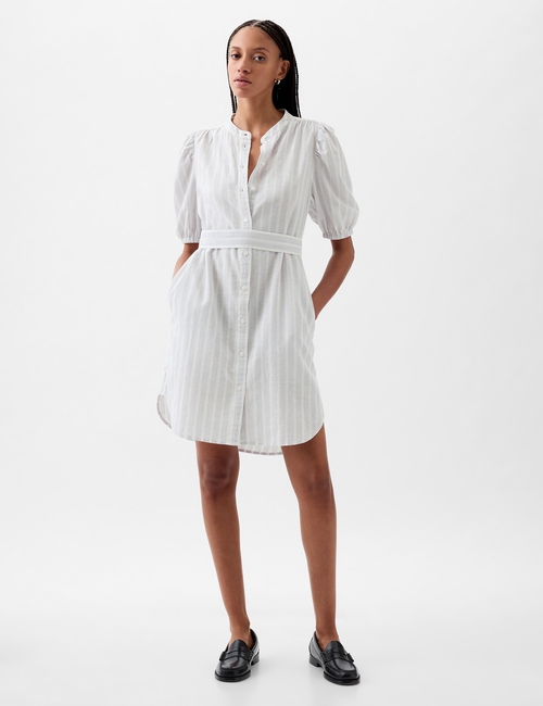 Linen-Cotton Puff Sleeve Mini Shirtdress