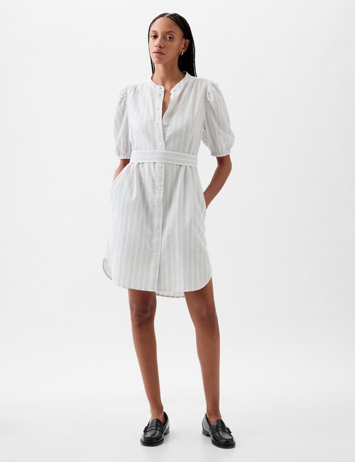 Linen-Cotton Puff Sleeve Mini Shirtdress