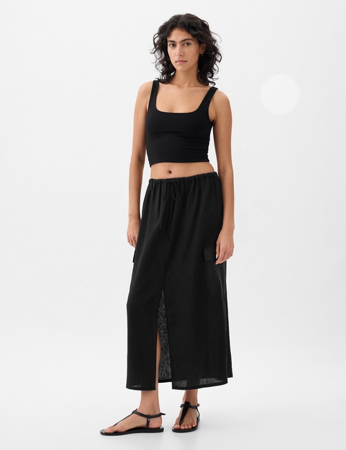 Linen-Blend Cargo Midi Skirt