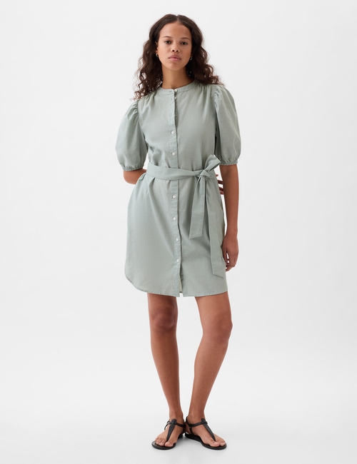 Linen-Cotton Puff Sleeve Mini Shirtdress