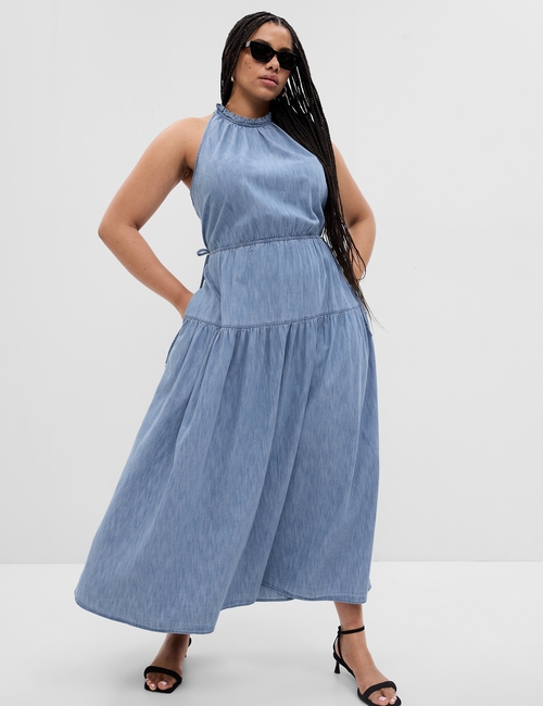 100% Organic Cotton High Neck Denim Maxi Dress