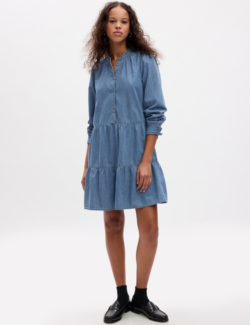 Tiered Denim Mini Shirtdress