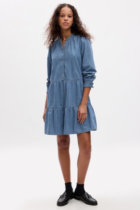 Tiered Denim Mini Shirtdress