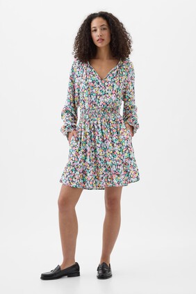 Relaxed Smocked Splitneck Mini Dress