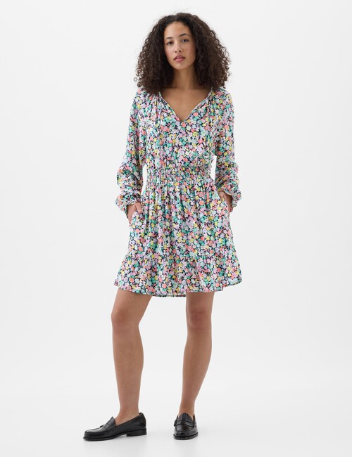 Relaxed Smocked Splitneck Mini Dress