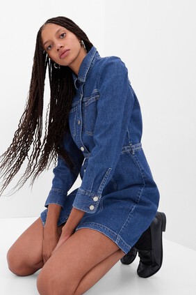 Puff Sleeve Denim Mini Dress with Washwell