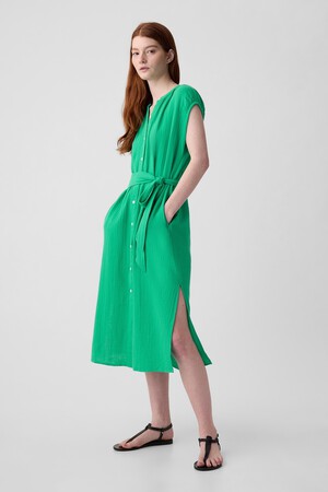 Crinkle Gauze Belted Midi Dress