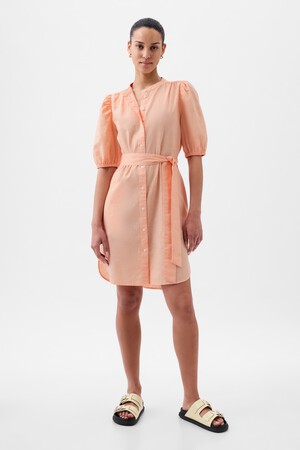 Linen-Cotton Puff Sleeve Mini Shirtdress