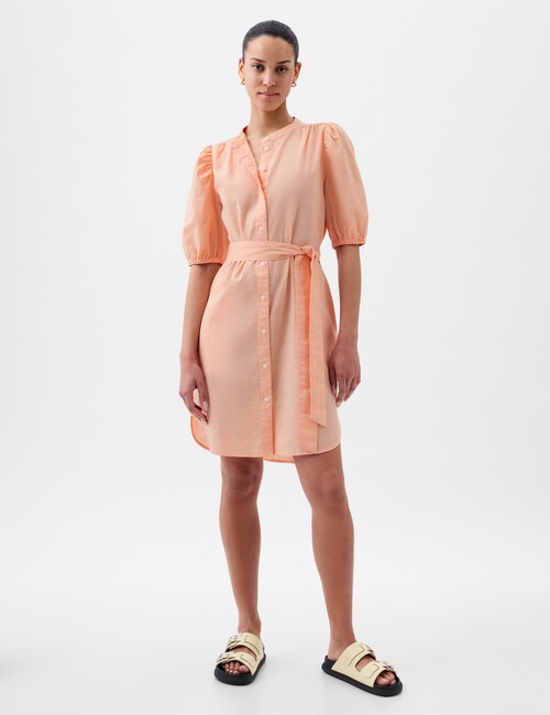 Linen-Cotton Puff Sleeve Mini Shirtdress