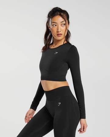 Everyday Seamless Everyday Seamless Long Sleeve Crop Top Body Fit Seamless:BLACK:XL, BLACK, hi-res